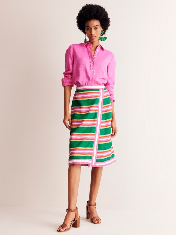 Boden Green Stripe Linen Border Wrap Skirt - Image 1 of 5