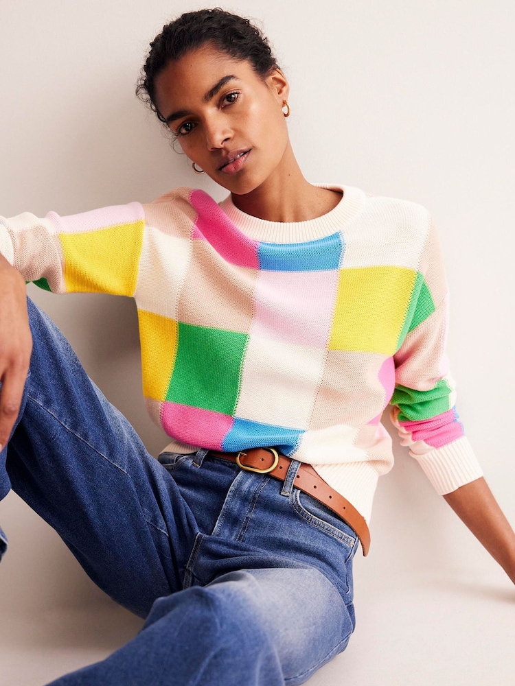 Boden White 100% Cotton Novelty Check Jumper - Image 2 of 7 Boden White 100% Cotton Novelty Check Jumper - Image 2 of 7
