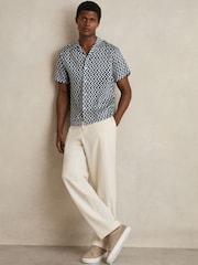 Reiss Navy Oe Florida Zig-Zag Print Cuban-Collar Shirt - Image 1 of 6