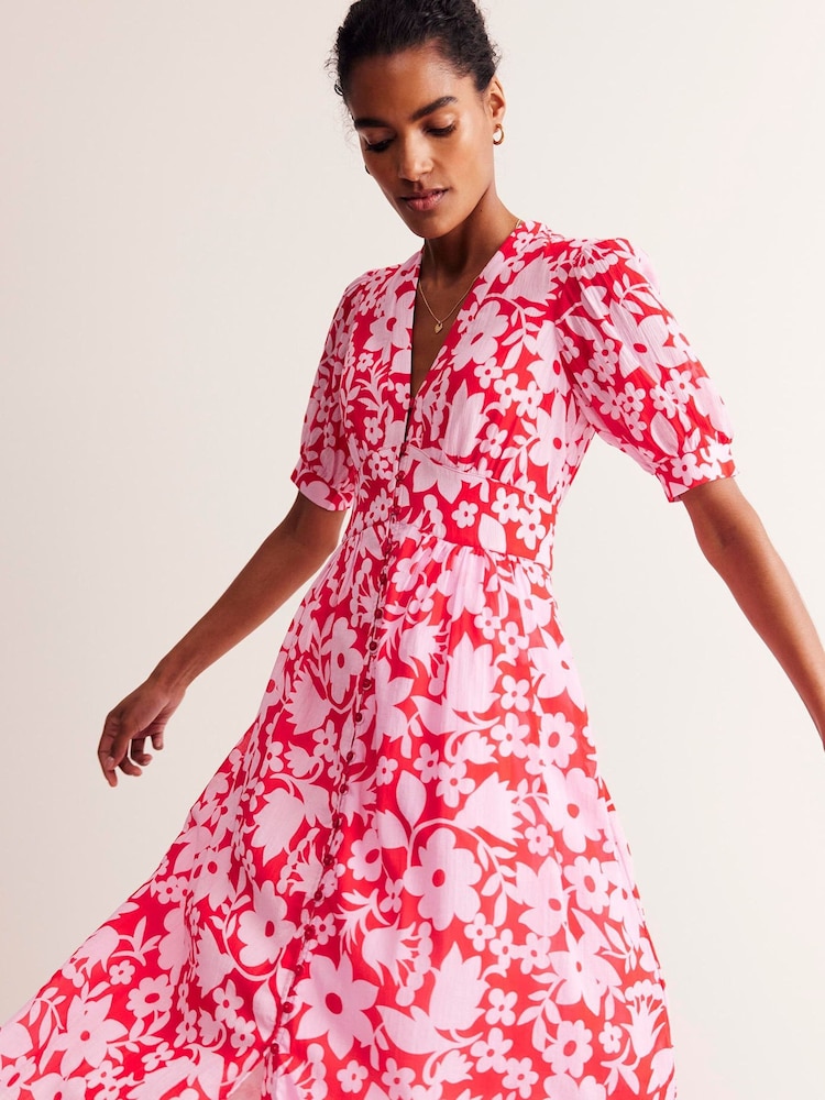 Boden Red Elsa Floral Crinkle Midi Tea Dress - Image 1 of 7 Boden Red Elsa Floral Crinkle Midi Tea Dress - Image 1 of 7