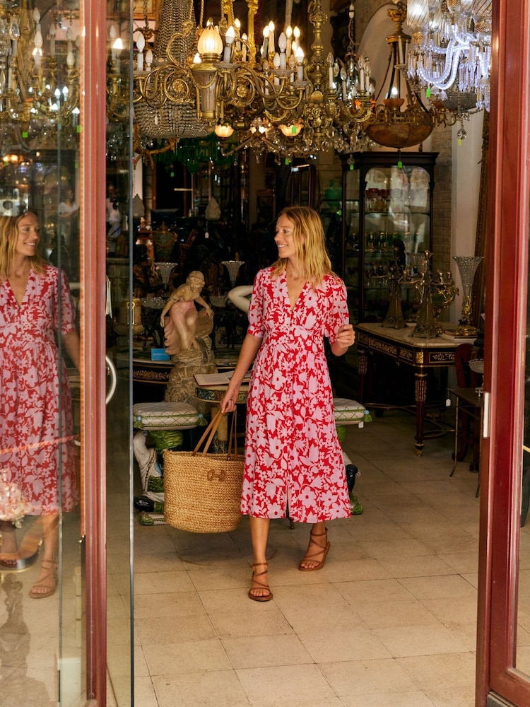 Boden Red Elsa Floral Crinkle Midi Tea Dress - Image 2 of 7 Boden Red Elsa Floral Crinkle Midi Tea Dress - Image 2 of 7
