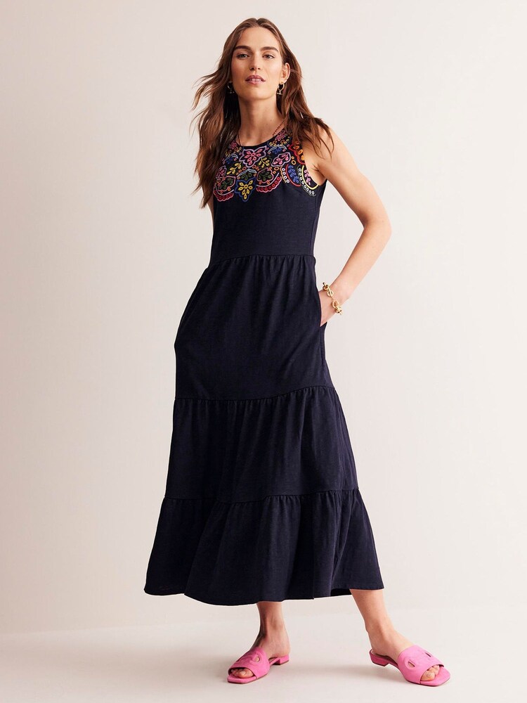 Blau - Boden 100% Baumwoll-Jersey-Midikleid mit Stickerei - Bild 1 von 5