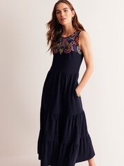 Blau - Boden 100% Baumwoll-Jersey-Midikleid mit Stickerei - Bild 4 von 5