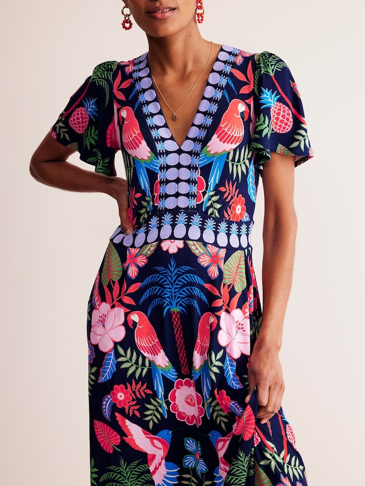 boden flutter sleeve jersey dress Boden Dress Womens 2R Kassidy Jersey Polka Dot Flowy Classic Navy Flutter Sleeve