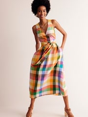 Boden Multi Gingham 100% Linen Wrap Midi Dress - Image 2 of 6
