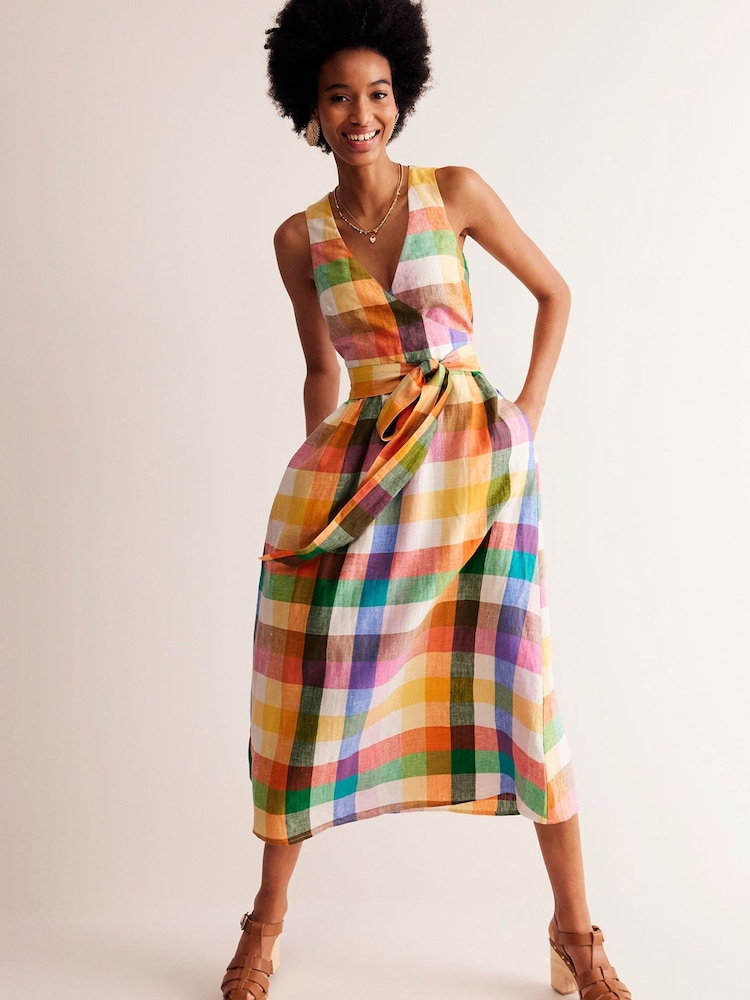 Boden Multi Gingham 100% Linen Wrap Midi Dress - Image 2 of 6