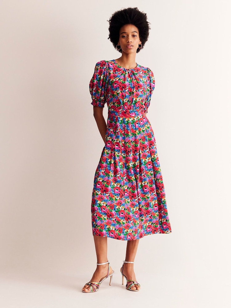 Boden Pink Liv Floral Pleat Detail Midi Dress - Image 2 of 6 Boden Pink Liv Floral Pleat Detail Midi Dress - Image 2 of 6