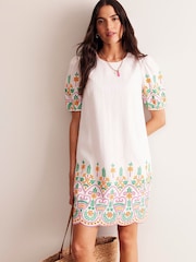 Boden White Broderie 100% Linen Shift Dress - Image 4 of 6