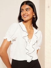 Friends Like These White Tipped Ruffle Front Puff Sleeve Blouse - Image 1 of 4
