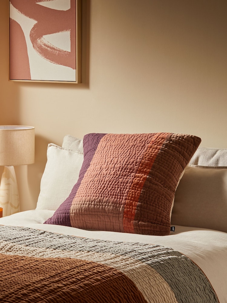 MADE.COM Orange Stripe Valli Cotton Velvet Patchwork Pillowcase Sham Cover - Image 1 of 4