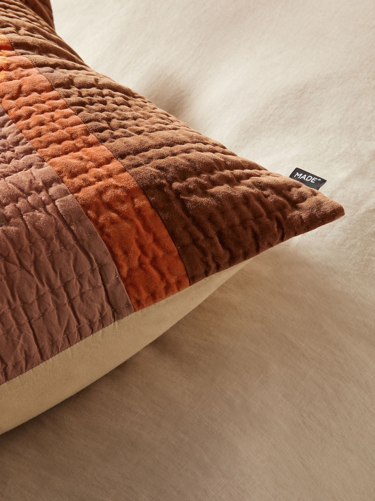 MADE.COM Orange Stripe Valli Cotton Velvet Patchwork Pillowcase Sham Cover - Image 2 of 4