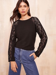 Friends Like These Black Long Sleeve Cosy Lace Trim Blouse - Image 1 of 4