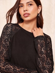 Friends Like These Black Long Sleeve Cosy Lace Trim Blouse - Image 2 of 4