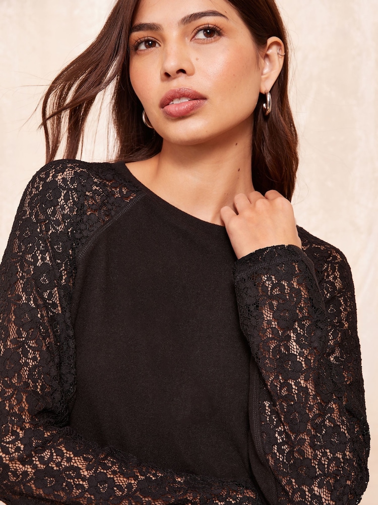 Friends Like These Black Long Sleeve Cosy Lace Trim Blouse - Image 2 of 4