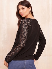 Friends Like These Black Long Sleeve Cosy Lace Trim Blouse - Image 4 of 4