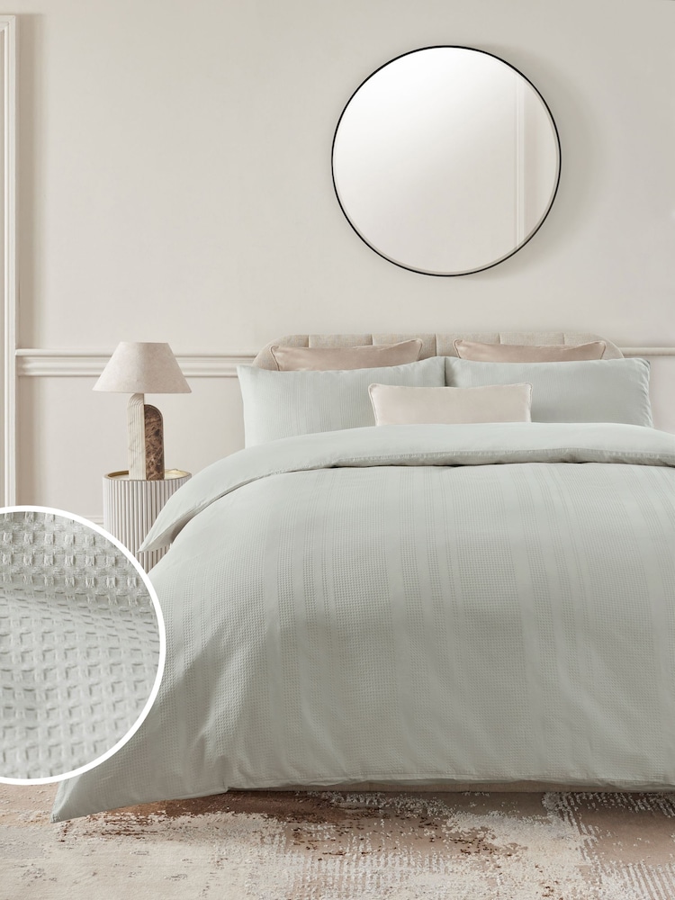 Green Sage 100% Cotton Waffle 300 Thread Count Sateen Duvet Cover and Pillowcase Set - Image 1 of 4
