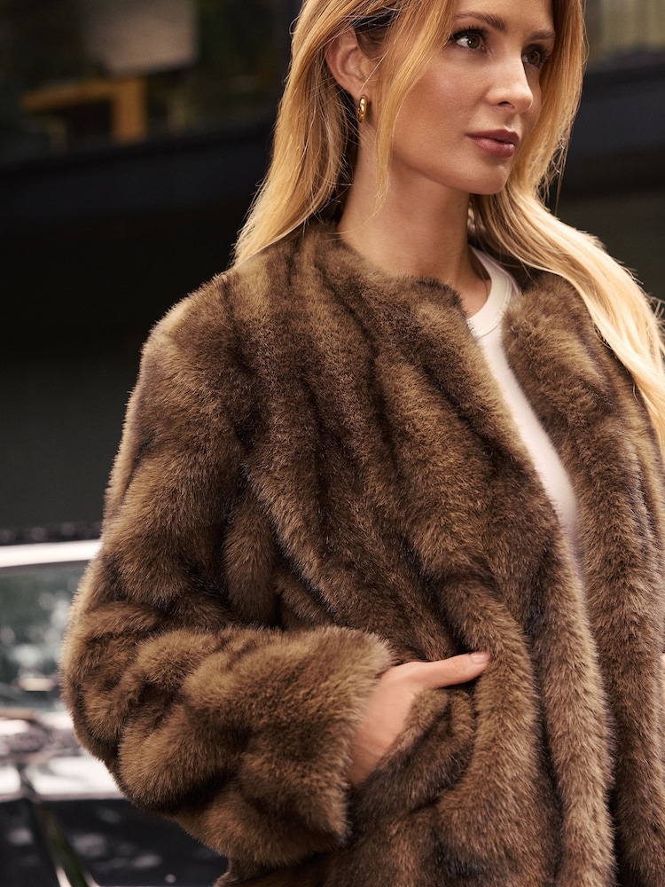 Friends Like These Brown Brown Tipped Faux Fur Collarless Jacket - Image 2 of 4