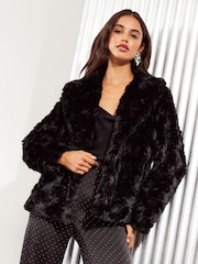 Friends Like These Black Petite Textured Faux Fur Coat - Image 1 of 4