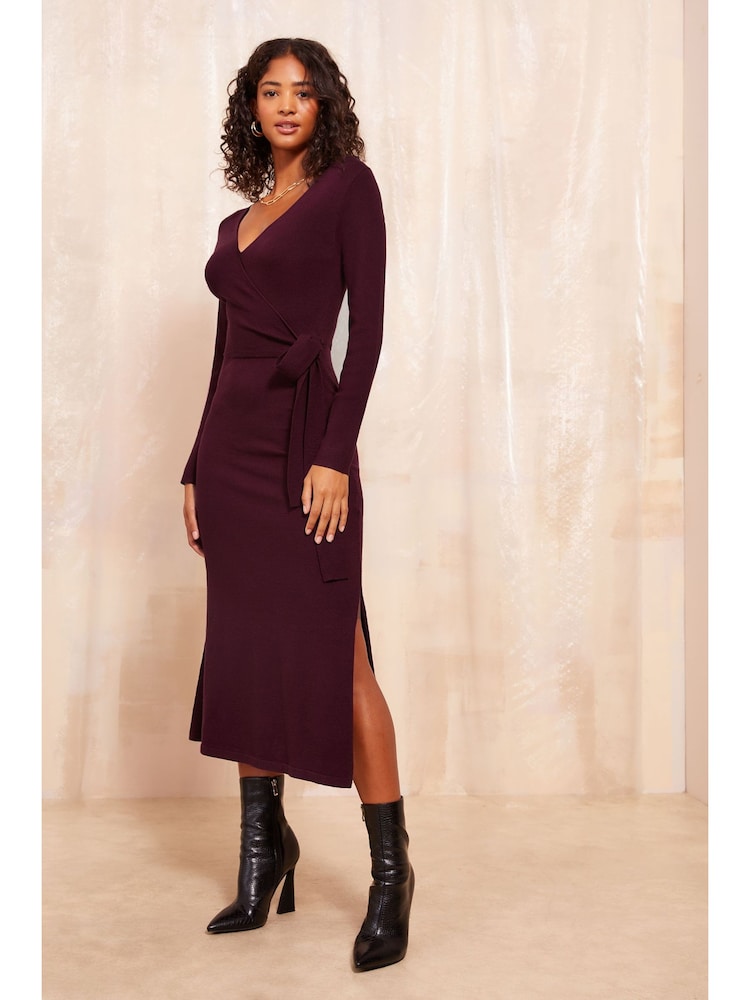 Friends Like These Red Knitted Wrap Midi Dress - Image 1 of 4 Friends Like These Red Knitted Wrap Midi Dress - Image 1 of 4