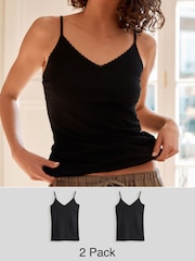 Black Cotton Lace Trim Strappy Vests 2 Pack - Image 1 of 10