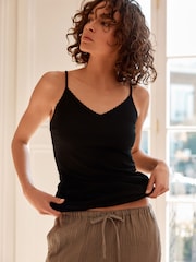 Black Cotton Lace Trim Strappy Vests 2 Pack - Image 2 of 10
