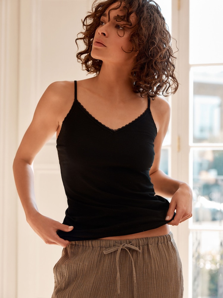 Black Cotton Lace Trim Strappy Vests 2 Pack - Image 2 of 10