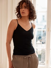 Black Cotton Lace Trim Strappy Vests 2 Pack - Image 3 of 10