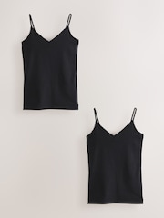 Black Cotton Lace Trim Strappy Vests 2 Pack - Image 6 of 10