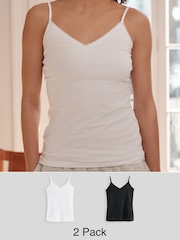 Black/White Cotton Lace Trim Strappy Vests 2 Pack - Image 1 of 11