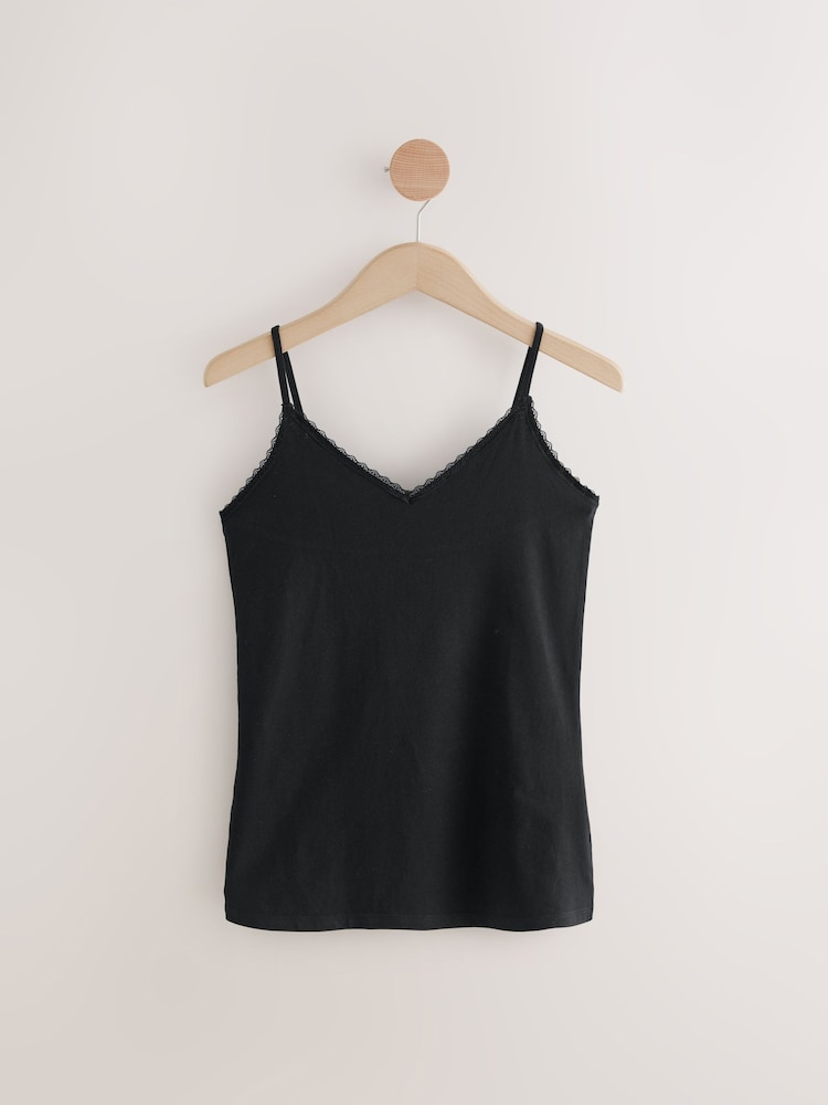 Black/White Cotton Lace Trim Strappy Vests 2 Pack - Image 8 of 11