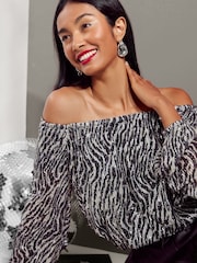 Friends Like These Black Zebra Sequin Bardot Long Sleeve Blouse - Image 1 of 4