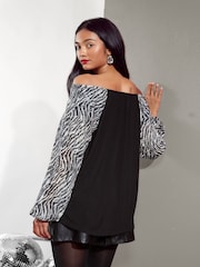 Friends Like These Black Zebra Sequin Bardot Long Sleeve Blouse - Image 4 of 4