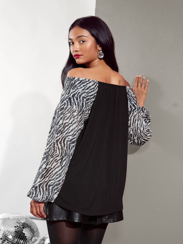 Friends Like These Black Zebra Sequin Bardot Long Sleeve Blouse - Image 4 of 4