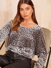 Friends Like These Black Silver Animal Long Sleeve Velvet Elasticated Neck Top - Image 1 of 4