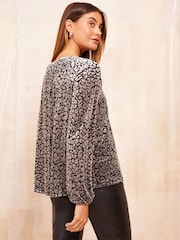 Friends Like These Black Silver Animal Long Sleeve Velvet Elasticated Neck Top - Image 4 of 4