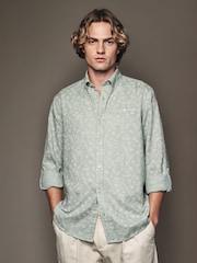Grey Roll Sleeve Textured Floral 100% Cotton Oxford Shirt - Image 1 of 11