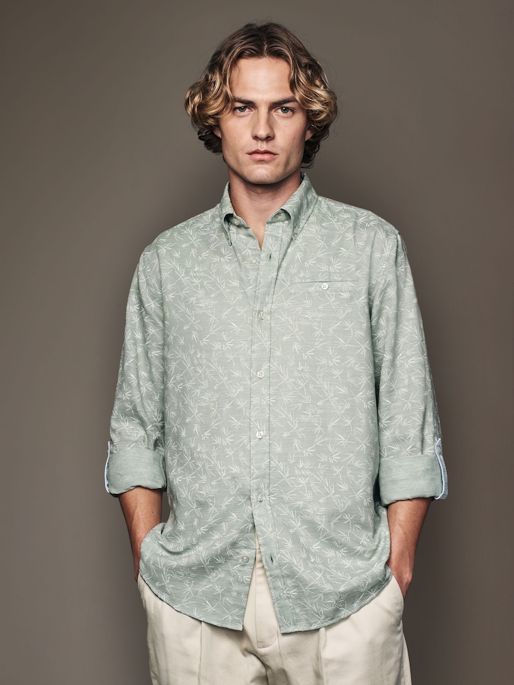 Grey Roll Sleeve Textured Floral 100% Cotton Oxford Shirt - Image 1 of 11