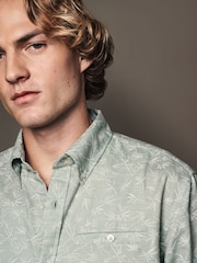 Grey Roll Sleeve Textured Floral 100% Cotton Oxford Shirt - Image 4 of 11