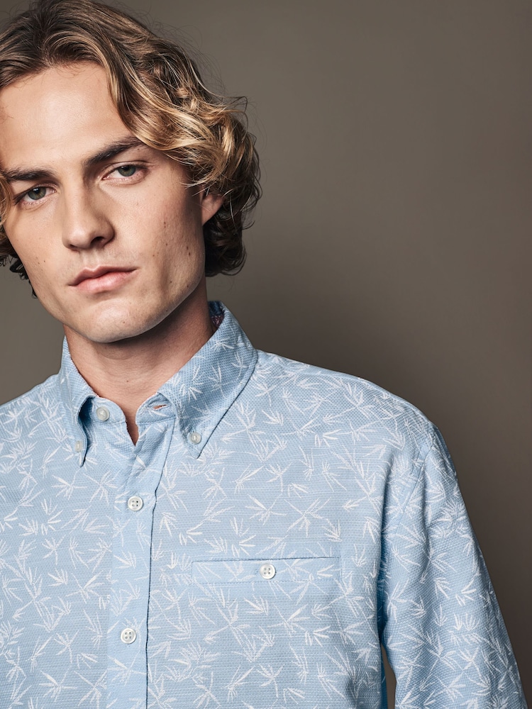 Blue Roll Sleeve Textured Floral 100% Cotton Oxford Shirt - Image 1 of 11