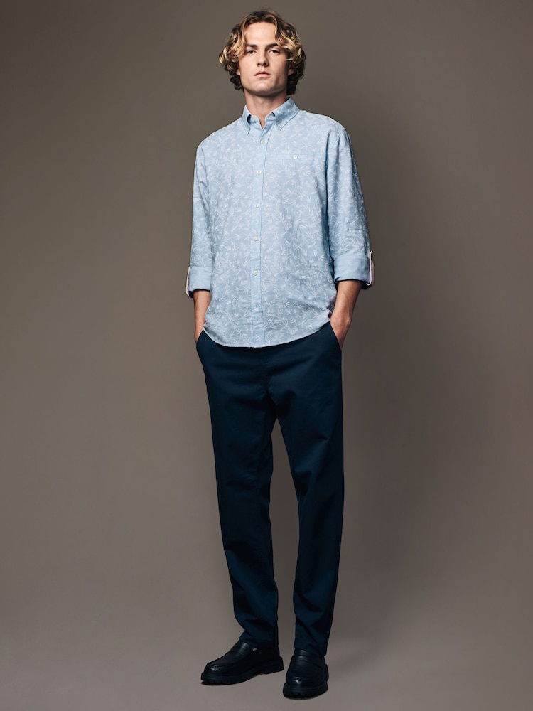 Blue Roll Sleeve Textured Floral 100% Cotton Oxford Shirt - Image 2 of 11