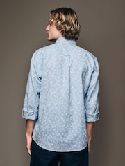 Blue Roll Sleeve Textured Floral 100% Cotton Oxford Shirt - Image 3 of 11