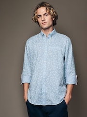 Blue Roll Sleeve Textured Floral 100% Cotton Oxford Shirt - Image 4 of 11