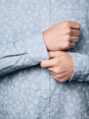 Blue Roll Sleeve Textured Floral 100% Cotton Oxford Shirt - Image 5 of 11