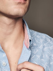 Blue Roll Sleeve Textured Floral 100% Cotton Oxford Shirt - Image 7 of 11