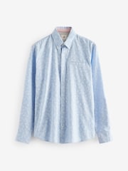 Blue Roll Sleeve Textured Floral 100% Cotton Oxford Shirt - Image 9 of 11