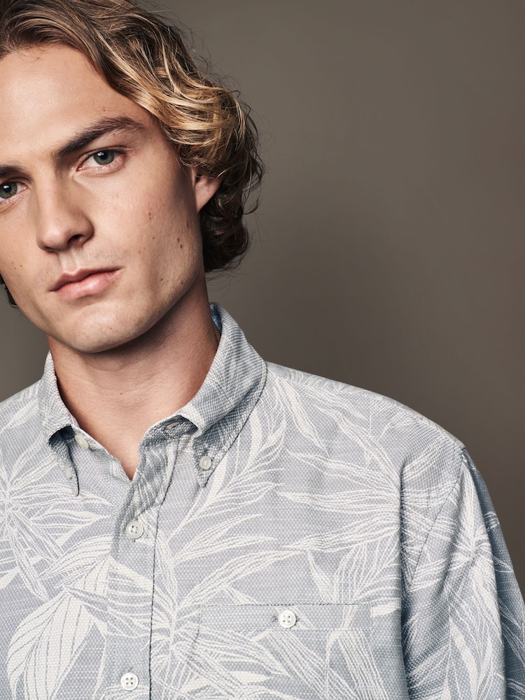 Sage Green Roll Sleeve Textured Floral 100% Cotton Oxford Shirt - Image 1 of 11