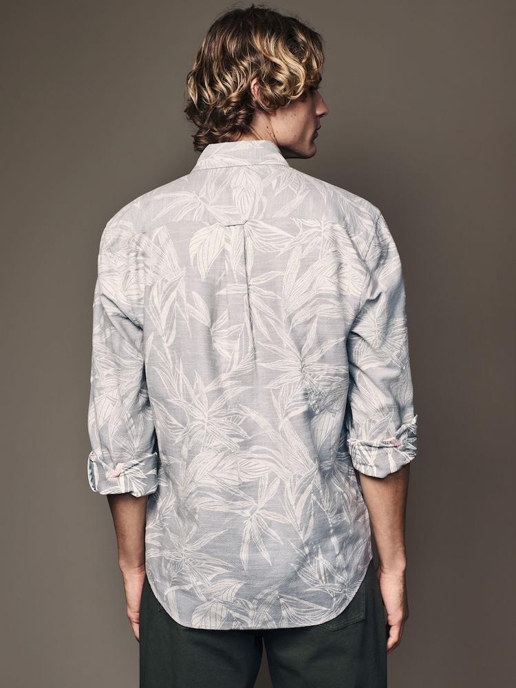 Sage Green Roll Sleeve Textured Floral 100% Cotton Oxford Shirt - Image 2 of 11