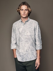 Sage Green Roll Sleeve Textured Floral 100% Cotton Oxford Shirt - Image 3 of 11