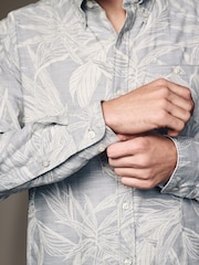 Sage Green Roll Sleeve Textured Floral 100% Cotton Oxford Shirt - Image 6 of 11