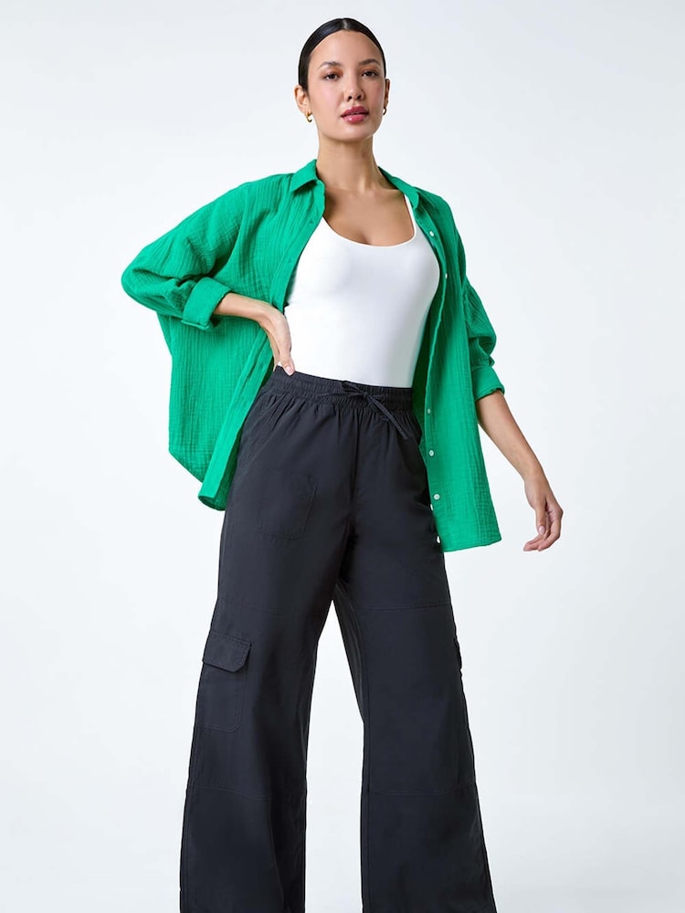 Roman Black 100% Cotton Wide Leg Cargo Trousers - Image 2 of 5